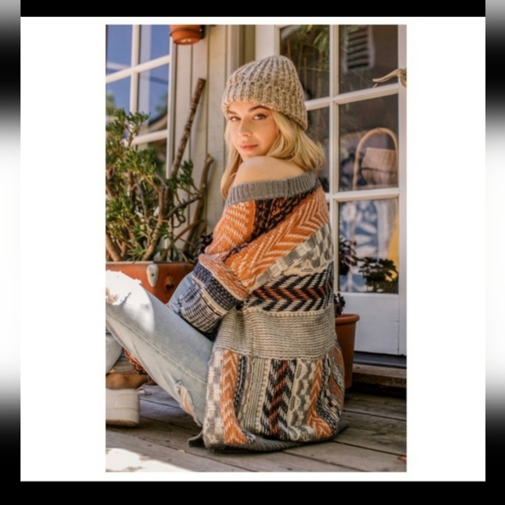 OREGON Cardi Open Front Soft Longline Multi Color Mixed Patchwork Weave Med NWT